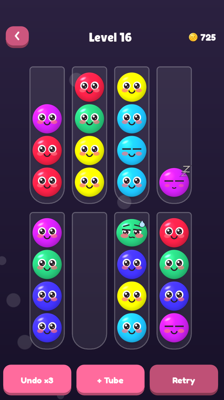 Moody Bloops level 16: eight glass tubes of colorful bloops, including a sleepy magenta one and a nervous green one, with Undo, Add Tube and Retry buttons