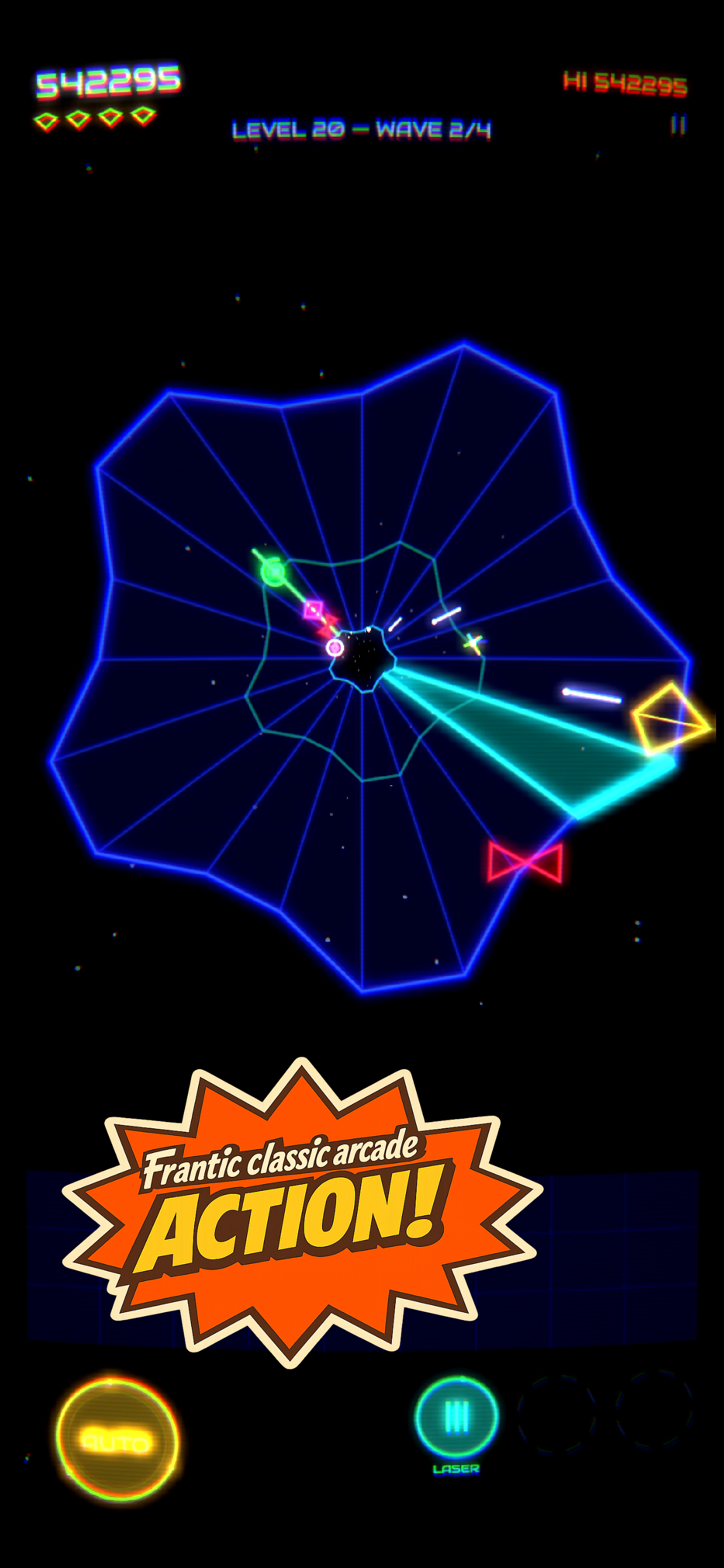 Gameplay: a blue wireframe tube with enemies climbing the lanes toward the player's ship